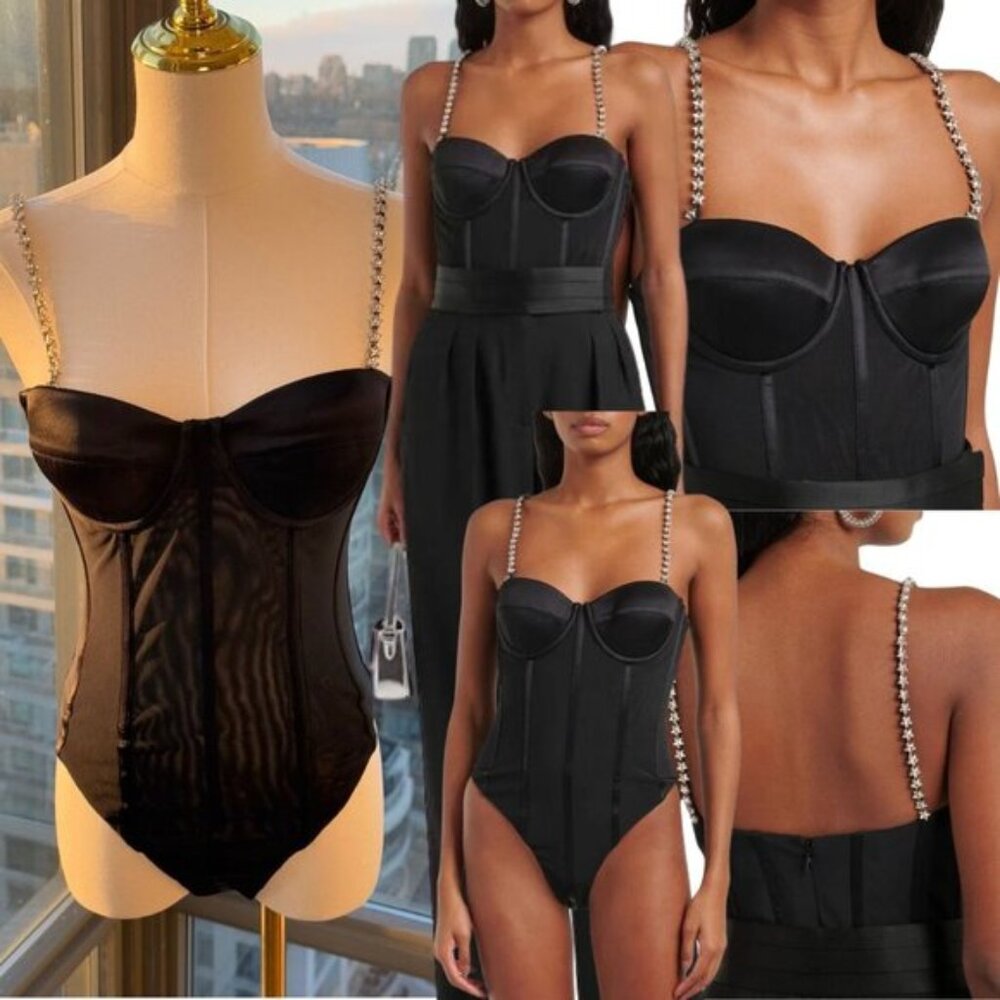 🆕 REBECCA VALLANCE 🧿 NWOT Eclipse Bodysuit, Black Mesh, Star Jewels, Sz US 2